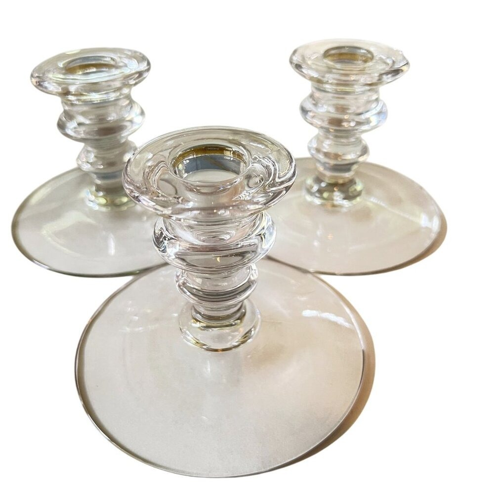 Vintage Taper Candle Holder MCM Set Of 3 Clear Pressed Glass Ribbed Design‎